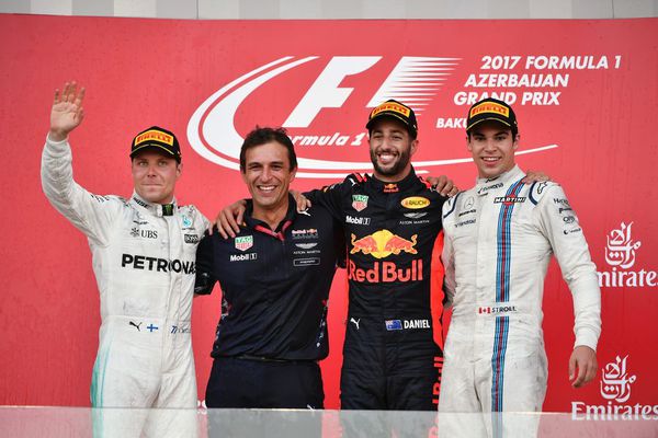 www.sutton-images.com Race winner Daniel Ricciardo (AUS) Red Bull Racing celebrates on the podium with Pierre Wache, Red Bull Racing Chief Engineer Performance Engineering, Valtteri Bottas (FIN) Mercedes AMG F1 and Lance Stroll (CDN) Williams at Formula One World Championship, Rd8, Azerbaijan Grand Prix, Race, Baku City Circuit, Baku, Azerbaijan, Sunday 25 June 2017.